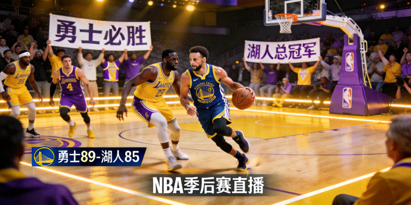 NBA季后赛直播画面 - 勇士队与湖人队球员在篮球场上竞技